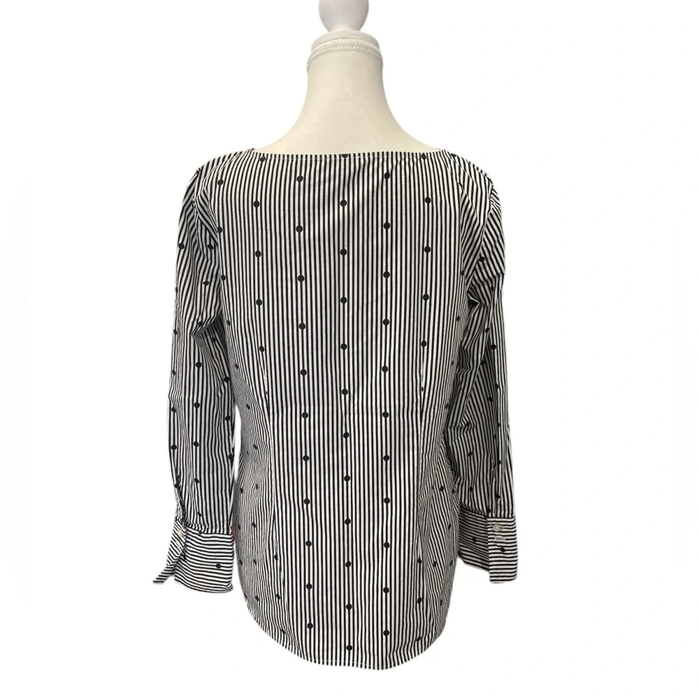 Talbots Black White Women’s Striped Polka Dot Side Zip Round Neck Cotton Blouse - Picture 2 of 8